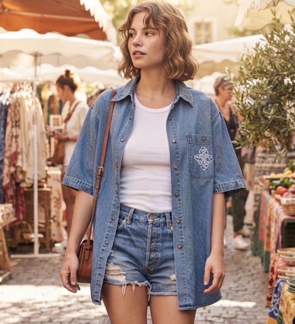 Oversized Denim Shirt, Embroidered Pocket, Light Wash Cotton Top (Medium)